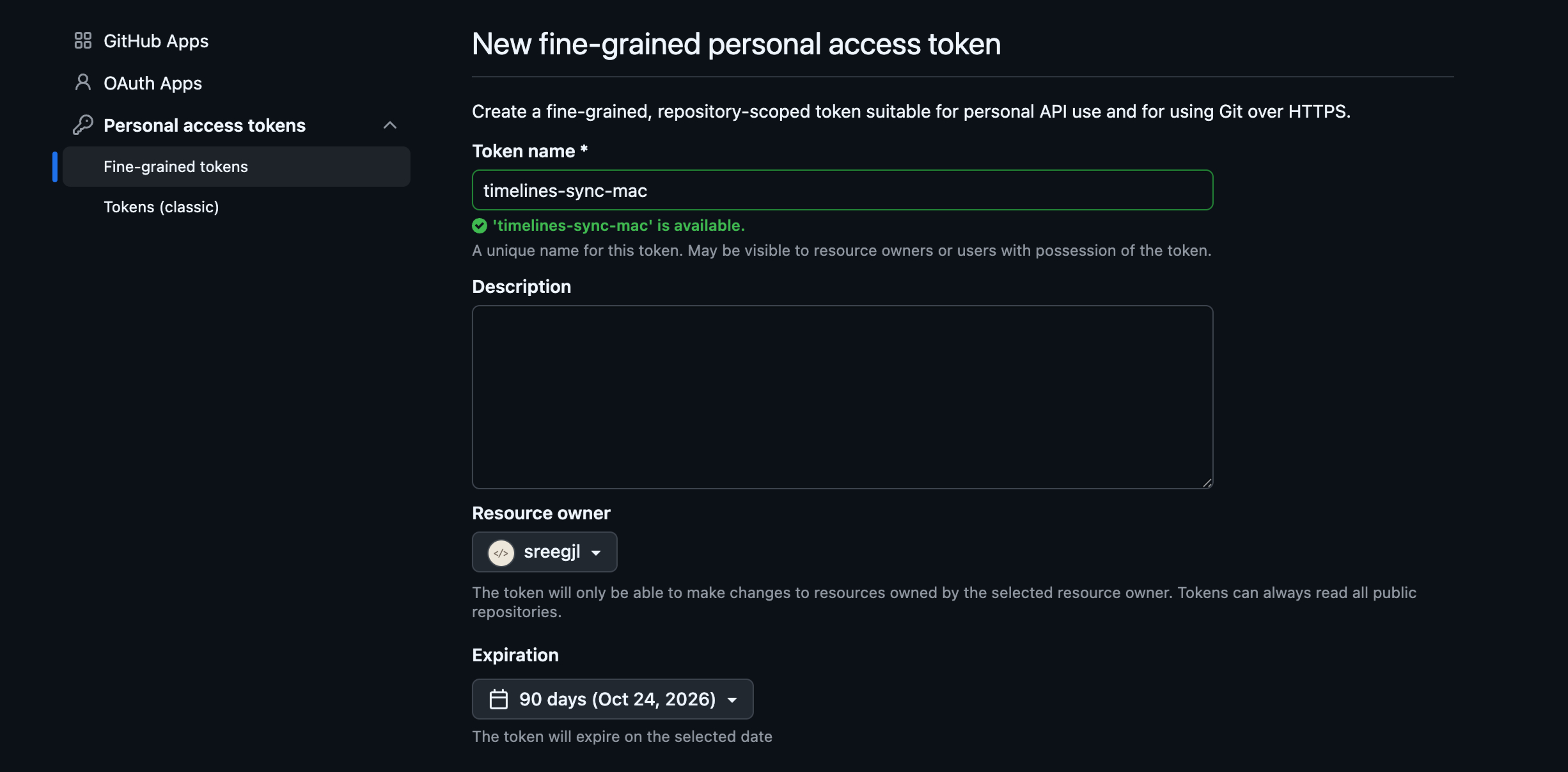 GitHub generate new fine-grained token screen