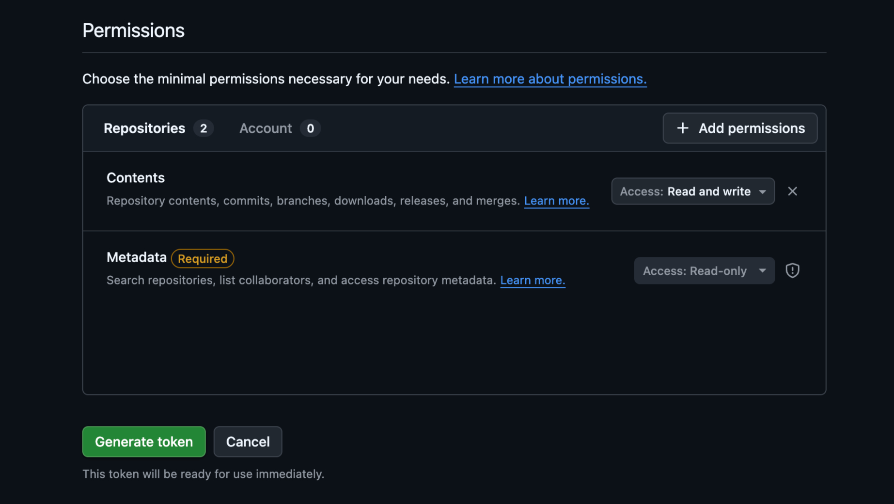 GitHub fine-grained token repository permissions settings