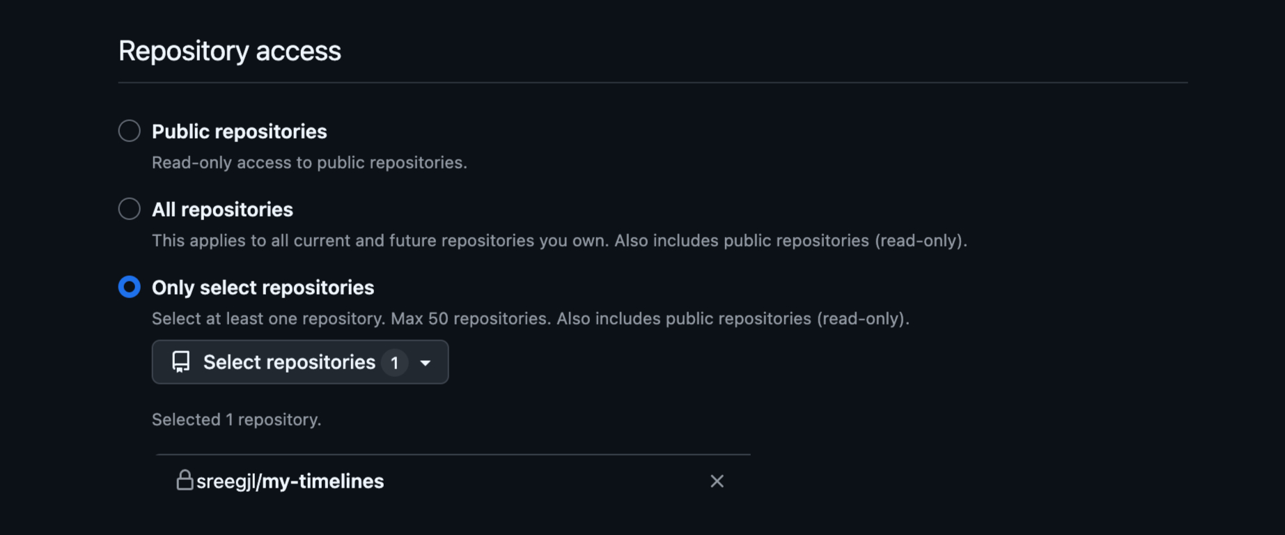 GitHub fine-grained token repository access settings